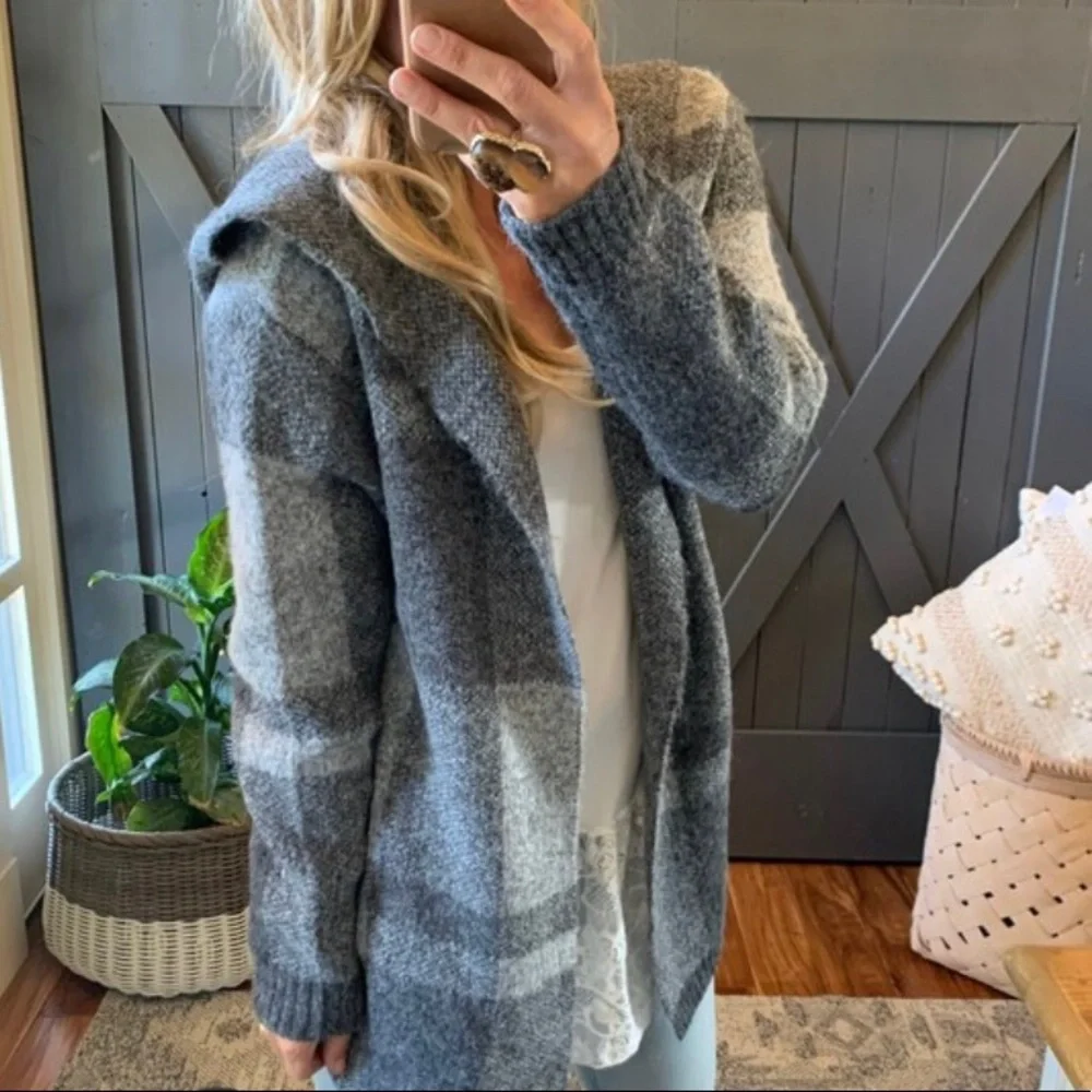 New Hooded Cardigan Sweater Coat Shacket Jacket Grey Vtg Western Boho - Picture 7 of 9